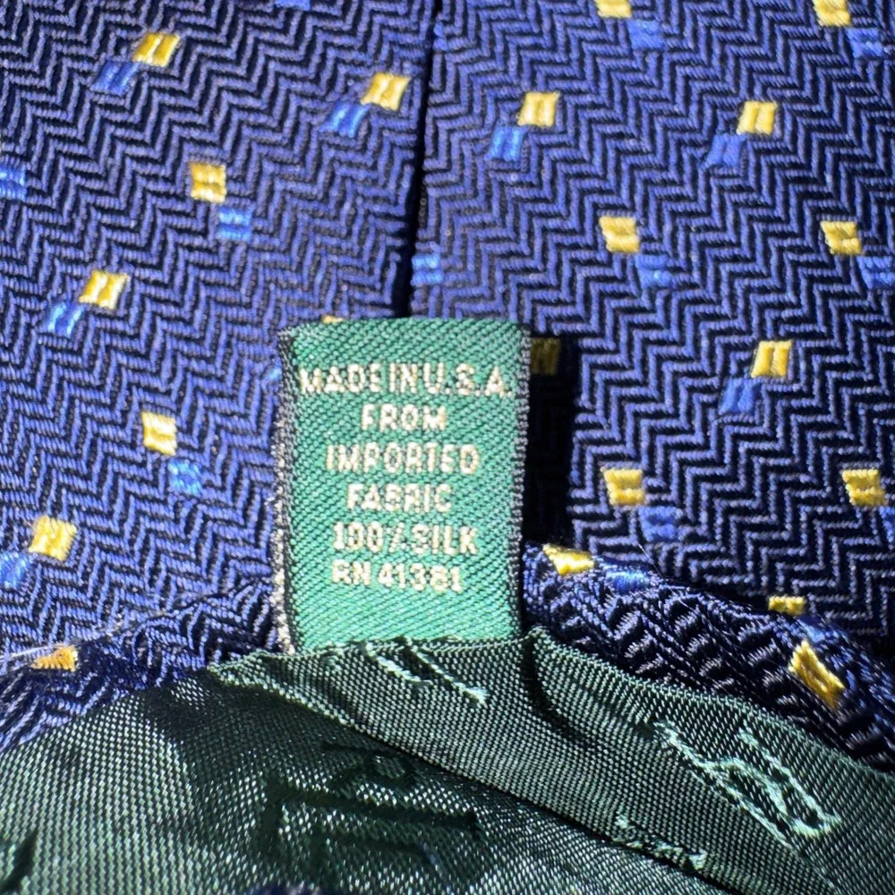 Lauren Ralph Lauren Mens Silk Tie Navy Blue Gold Geometric Herringbone USA59x3.5